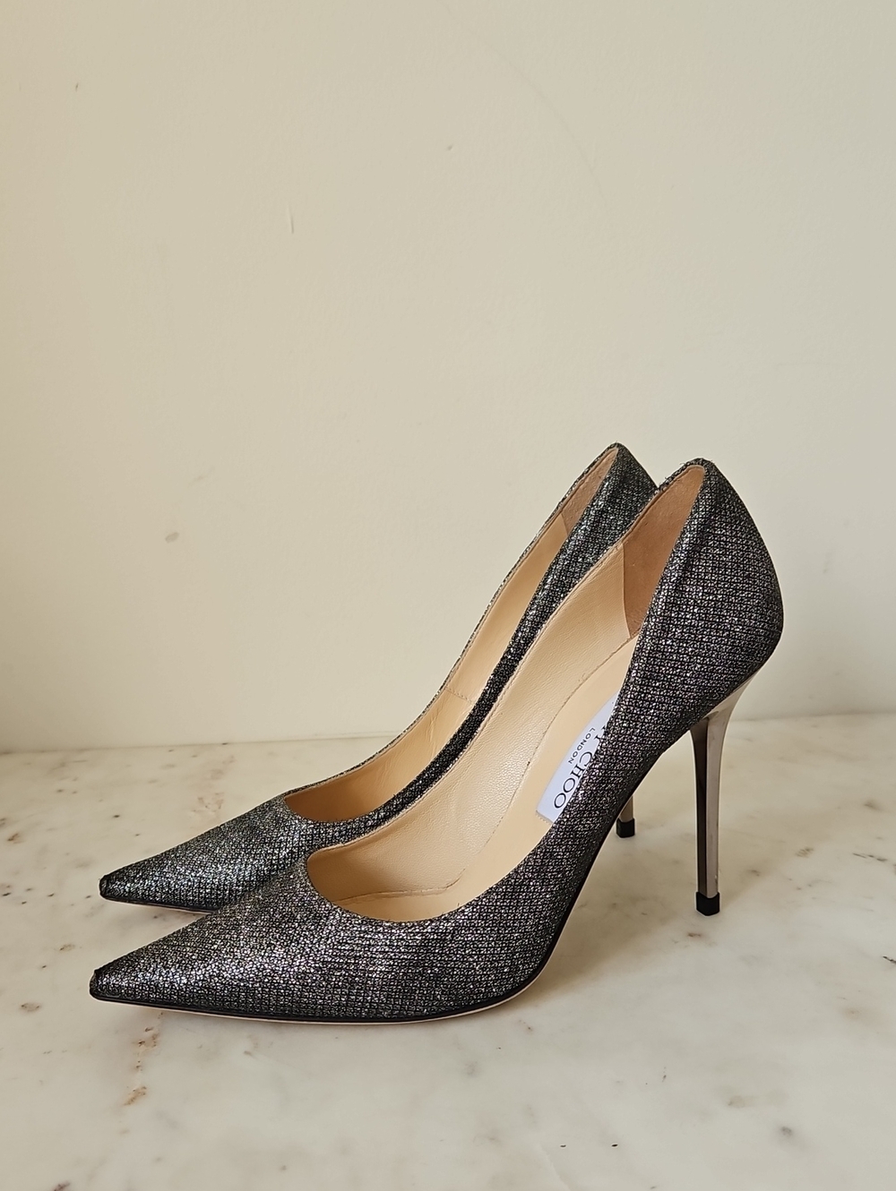 JIMMY CHOO: Glam Silver Glitter Pointed Toe Stilettos